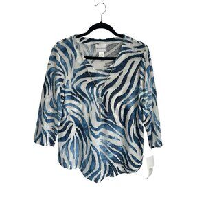 New Alfred Dunner Top Sz Small 3/4 Sleeve Blue & White V-Neck